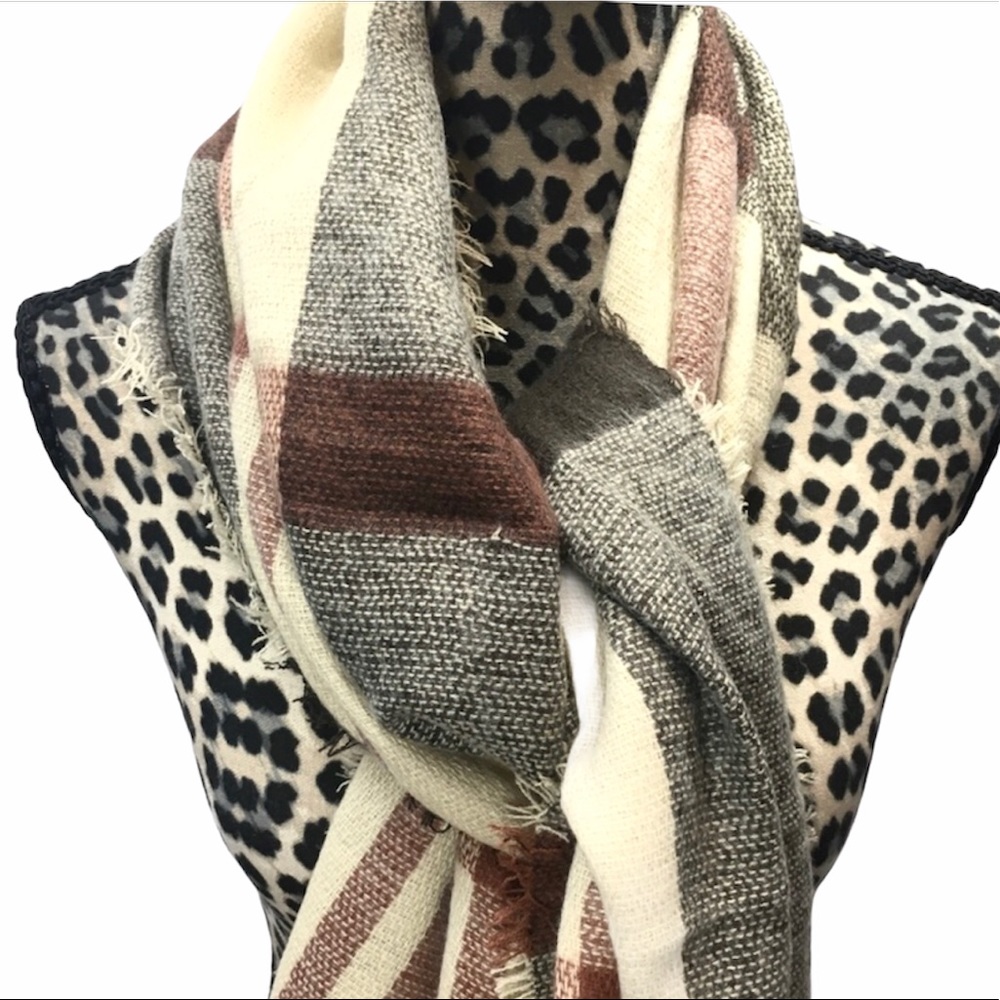 Simonetta Plaid Blanket Scarf Brown &  Tan - Oversized Acrylic Fringe Wrap NWT